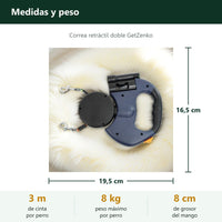 Medidas de la correa retráctil doble: mango de 19,5 × 16,5 × 8 cm, 3 metros de cinta y hasta 8 kg por perro