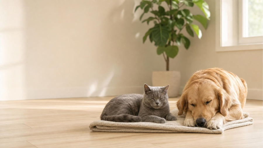Un gato y un perro descansando juntos sobre una manta en un salón luminoso